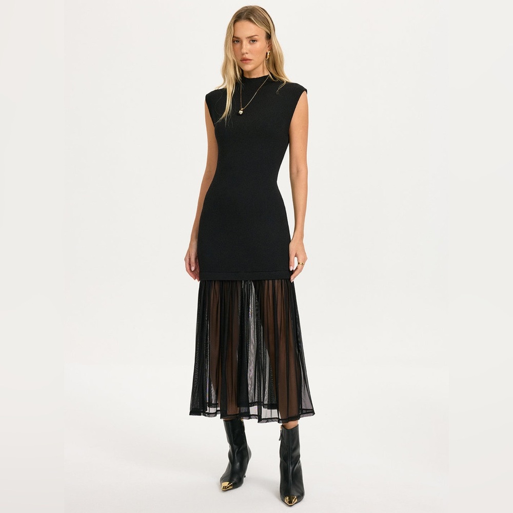 Commense Sheer Pleated Hem Sleeveless Knit Dress